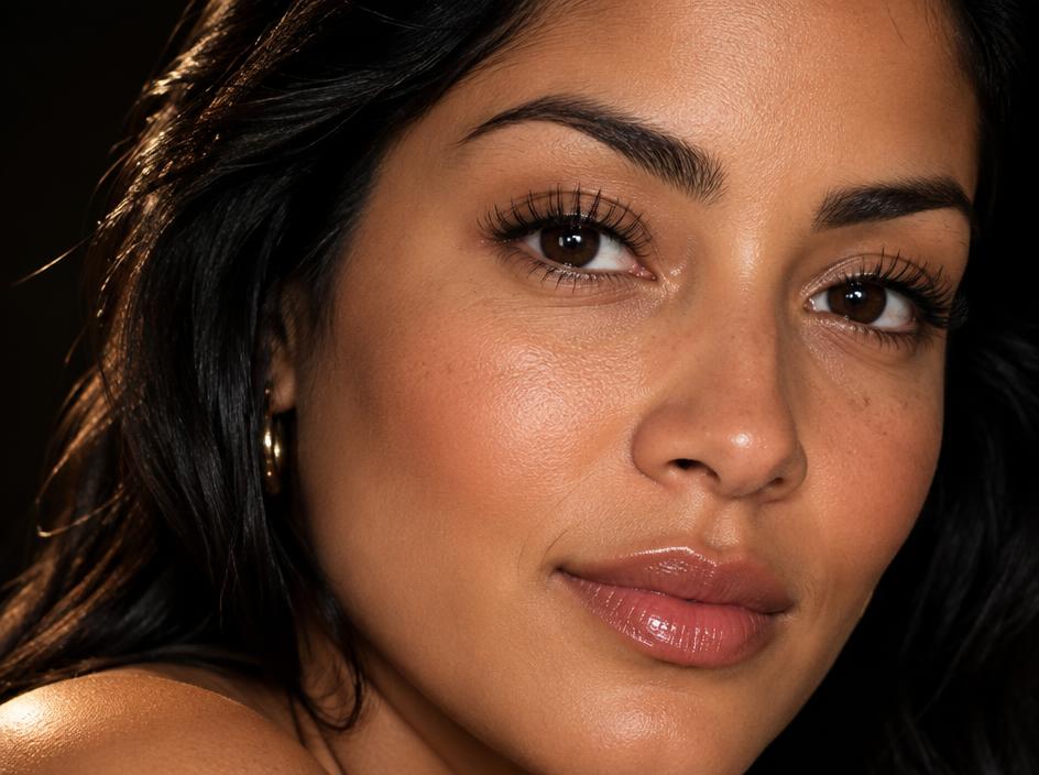 Latina woman with curled and tinted natural lashes
