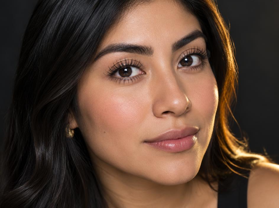 Latina woman with dark lifted lashes after a Korean lash lift and tint